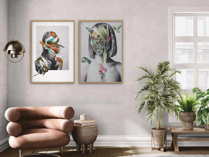 Two collage prints by Rocio Montoya in oak frames above a chair in a bright living room