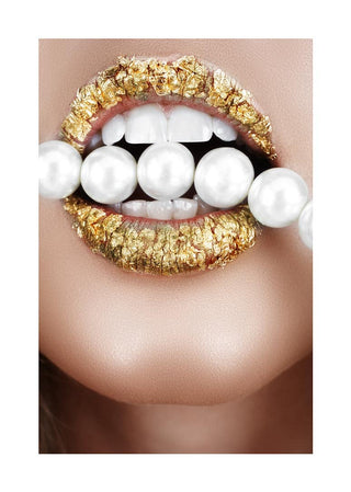Close-up of gold-painted lips holding a string of white pearls, featured on the Golden Lips poster.