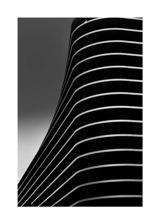 Abstract black poster with curved white lines forming a modern, minimalist wave pattern.