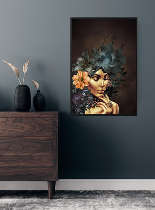 Golden fashion 1 poster featuring a woman with gold makeup, floral headdress, displayed in a modern room setting.
