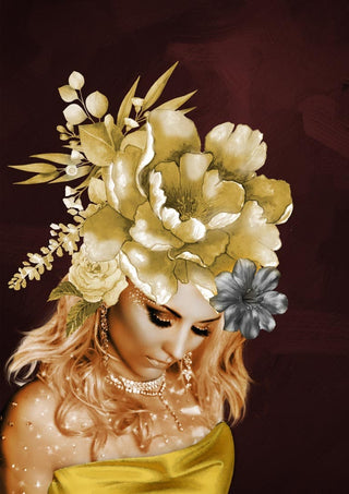 Golden Fashion 2 poster showing a woman in yellow with floral headdress against a burgundy background.
