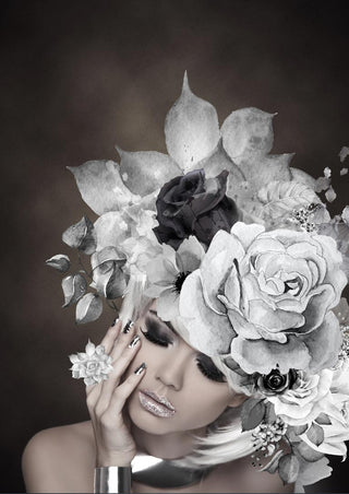 A woman with dramatic makeup wearing a large silver flower headdress, as featured on the Silver flowers 1 poster.