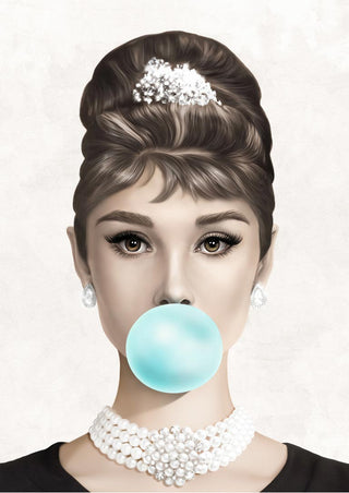 Stylized Audrey Hepburn portrait blowing blue bubblegum, wearing pearls and a black dress.