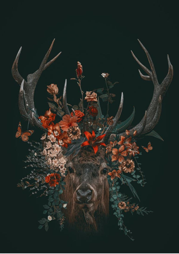 Illustration of a stag with large antlers adorned with vibrant red and orange flowers on a dark background.