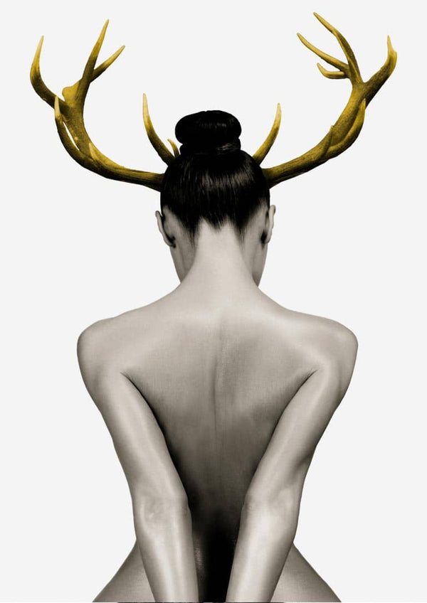 Artistic poster of a nude woman from behind with golden antlers on her head against a plain background.