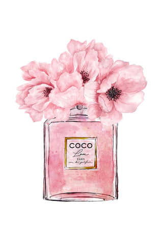 Pink Chanel perfume bottle poster with large pink flowers blooming from the top, watercolor style.