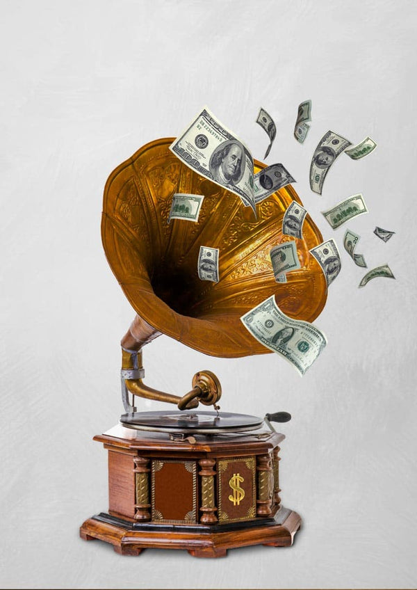 Vintage gramophone with dollar bills flying out, featured on the Sound of Money poster product page.
