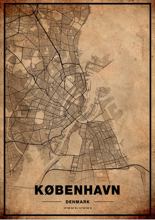 Vintage-style map poster of Copenhagen, Denmark with city streets and "København" in bold letters at the bottom.
