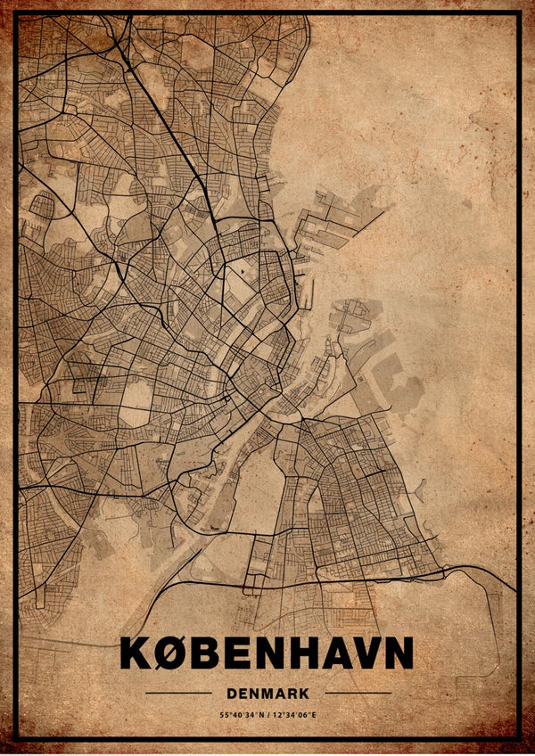 Vintage-style map poster of Copenhagen, Denmark with city streets and "København" in bold letters at the bottom.
