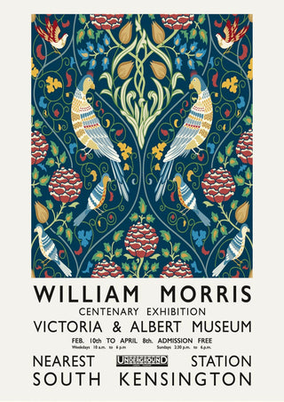 Poster for William Morris Centenary Exhibition with floral and bird pattern, details of venue and dates below.