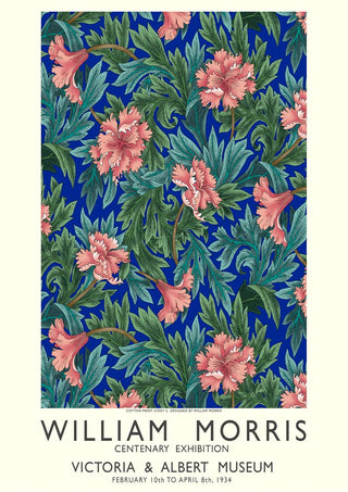 William Morris floral exhibition poster with pink flowers and green leaves on a blue background.