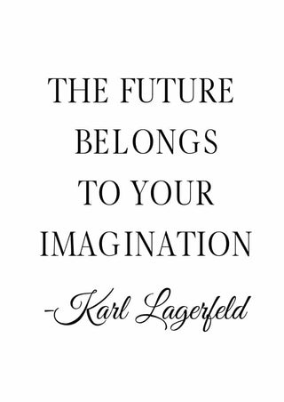 Poster with the quote "The future belongs to your imagination – Karl Lagerfeld" in black text on white background.