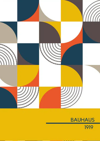 Abstract geometric Bauhaus poster with bold shapes in yellow, orange, blue, and gray. Text reads "BAUHAUS 1919".