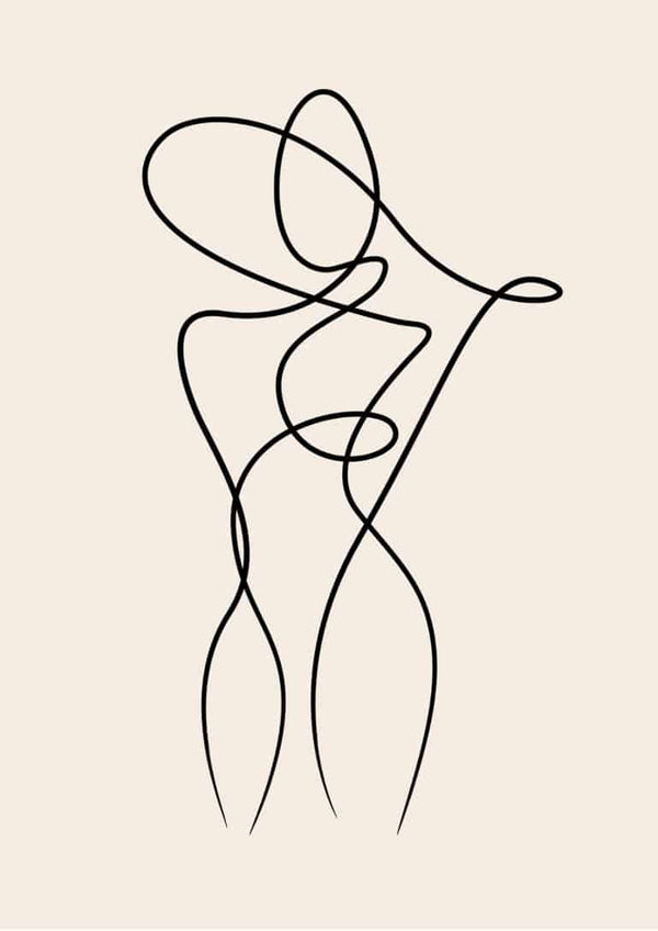 Minimalist line art poster depicting the abstract form of a woman in black on a beige background.