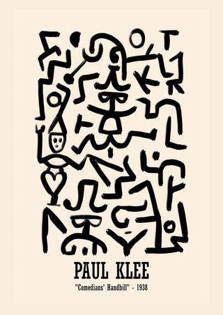Abstract black line art on beige background from Paul Klee’s “Comedians’ Handbill” 1938, modern poster for living room.