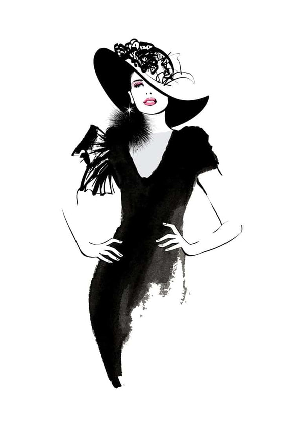 Elegant illustration of a woman in a black dress and wide-brimmed hat, featured on a stylish poster.