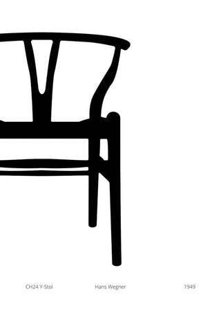 Minimalist poster of Hans Wegner's Y-chair in black and white, perfect for living room decor.