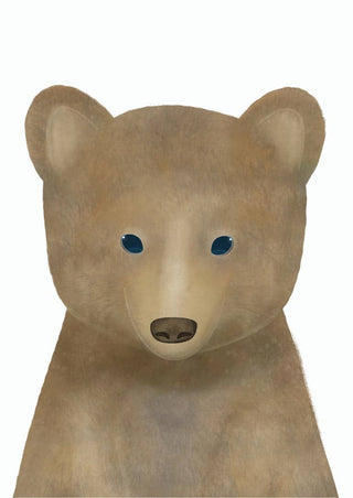 Illustration of a cute brown bear with blue eyes, designed for a children's poster.