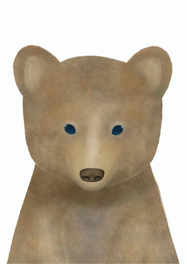 Illustration of a cute brown bear with blue eyes, designed for a children's poster.