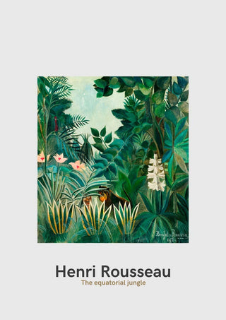 Henri Rousseau's The equatorial jungle art poster featuring lush green foliage and exotic flowers.