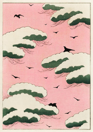Japanese art print of green-edged clouds and birds against a pink sky from "Pink sky" by Watanabe Seitei.