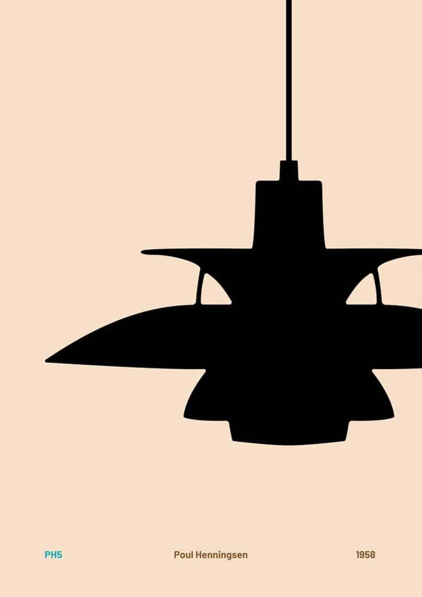 Minimalist poster of the PH5 lamp by Poul Henningsen, black silhouette on a beige background for living room decor.