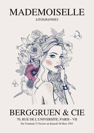 Mademoiselle exhibition #2 poster featuring an illustrated woman with flowers and event details in French text.