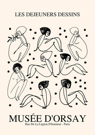 Picasso-inspired line art poster of abstract nude women, black on beige, with "Musée d'Orsay" text.