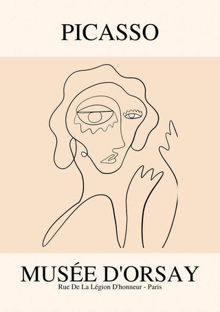 Minimalist Picasso-style line drawing of a woman, with "Musée d'Orsay" and Paris text below.
