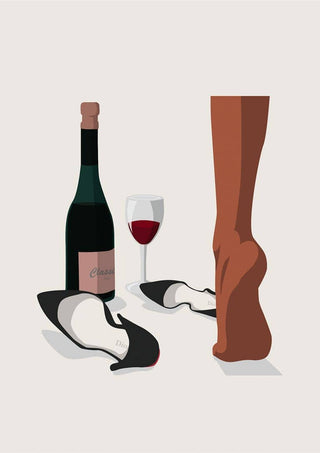 Retro poster with a wine bottle, glass of red wine, high heels, and bare legs on a minimalist background.