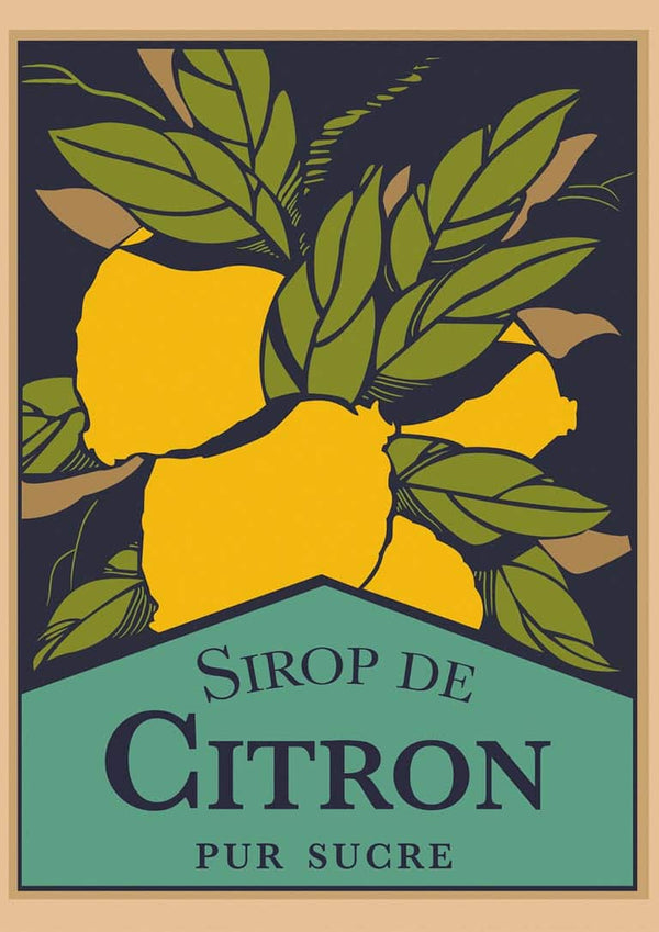 Vintage-style Sirop De Citron Plakat label with bright yellow lemons and green leaves.