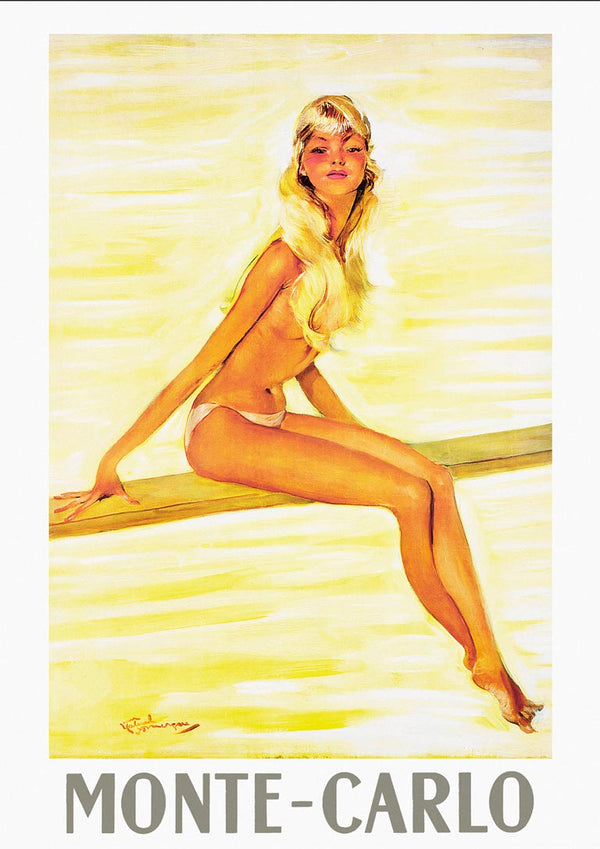 Vintage-style illustration of a young blonde woman in swimwear sitting by the water, with "Monte-Carlo" below.