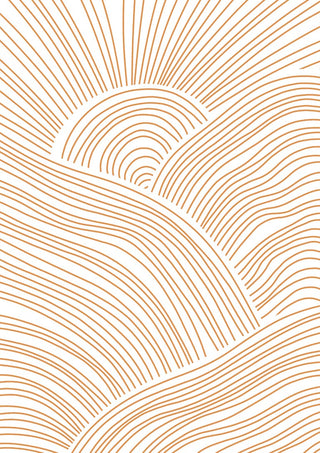 Abstract line art poster featuring curved golden lines forming a sun and rolling hills on a white background.