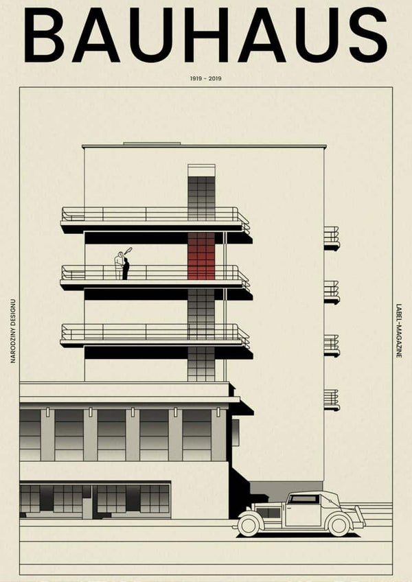 Minimalist illustration of a Bauhaus-style building with balconies and car, vintage cover poster design.