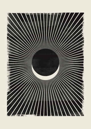 Abstract eclipse poster with a dark central circle, white crescent, and radiating lines on a textured background.