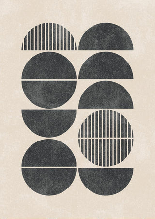 Abstract art print with black half circles and stripes on a light background, featured as the Half Circles Plakat.