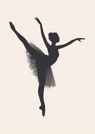Silhouette of a ballet dancer in an arabesque pose, wearing a tutu on a light background.