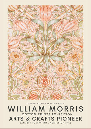 Poster featuring William Morris floral design for Pink Exhibition, with event details and decorative patterns.