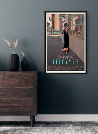Audrey Hepburn - Breakfast at Tiffany’s poster displayed in a stylish modern room with dark walls and decor.