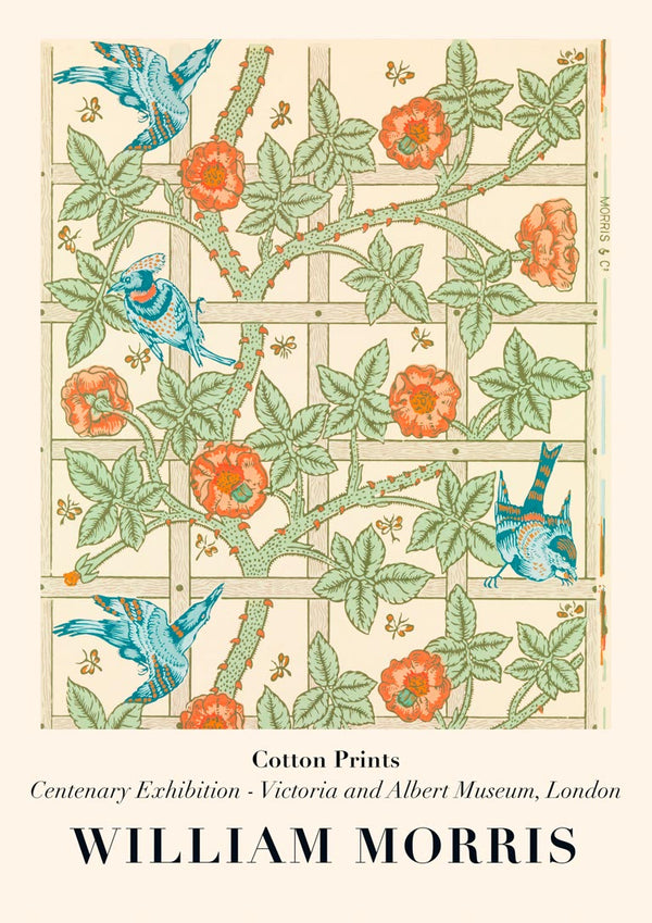 William Morris Trellis poster with blue birds, green leaves, and orange flowers on a cream grid background.