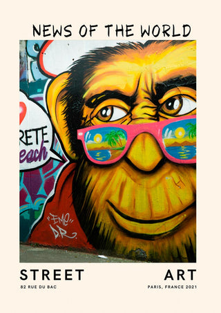 Colorful chimpanzee street art mural wearing sunglasses with palm trees, promoting News of the World.