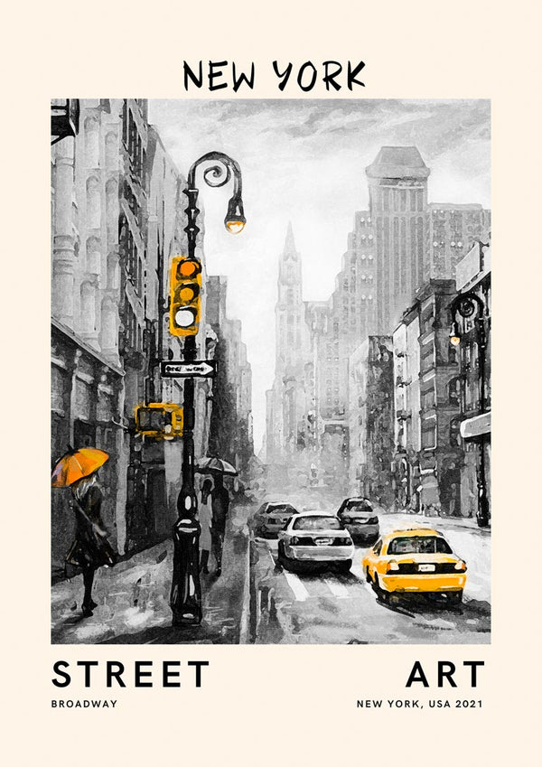 Black-and-white city street with yellow taxi and traffic light, New York Street Art poster.