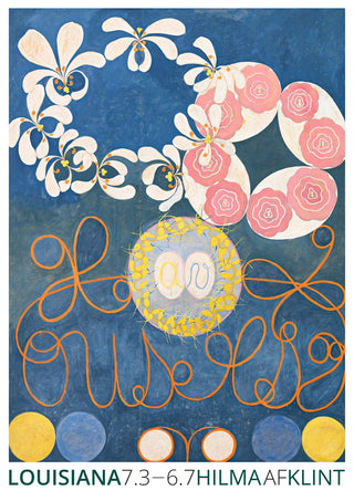 Abstract floral artwork by Hilma af Klint with swirling shapes and pastel flowers on a blue background.