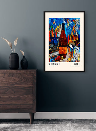 Street Art poster inspired by French art, featuring abstract colorful bottle and glass, framed on a dark wall.