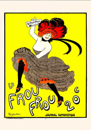 Vintage poster of a dancing woman in a ruffled dress holding a Le Frou Frou sign, yellow background.