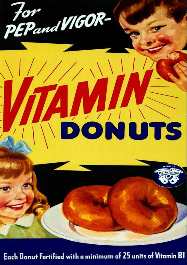 Vintage poster showing happy children eating donuts, advertising "Vitamin Donuts" with added Vitamin B1 for energy.