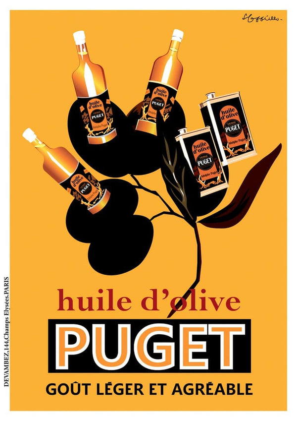 Vintage poster of Puget olive oil bottles and cans on an illustrated olive branch, with French product text.