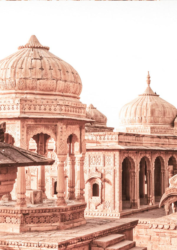 Intricately carved sandstone domes and arches of Old Town Square, featured on a decorative poster.