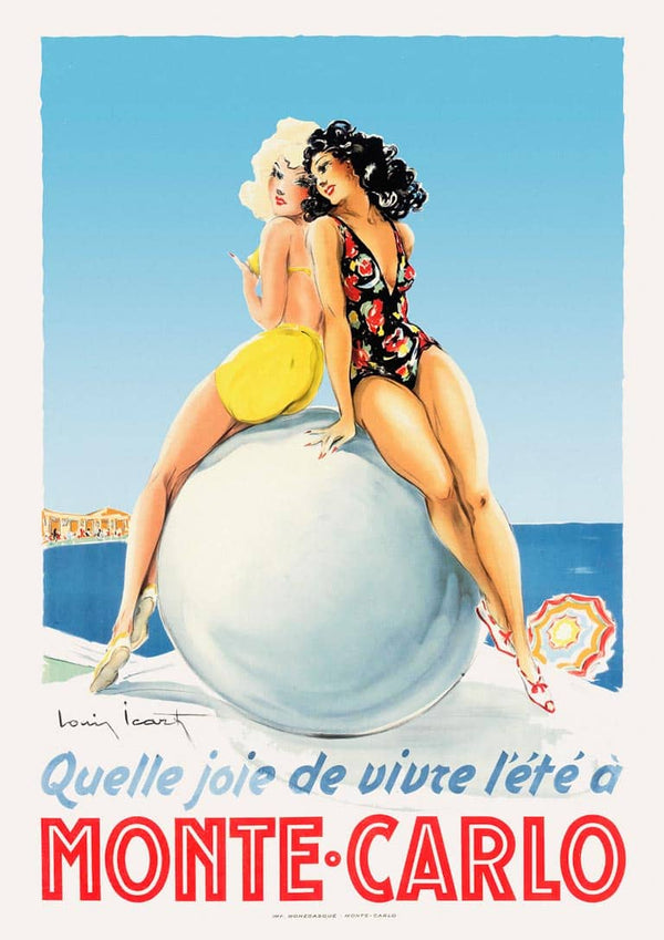 Vintage Monte Carlo poster with two women in swimsuits sitting on a sphere by the sea, bright summer colors.