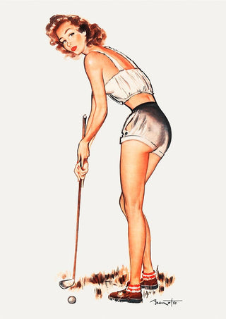 Vintage illustration of a stylish woman in retro attire posing with a golf club, ready to putt on the green.